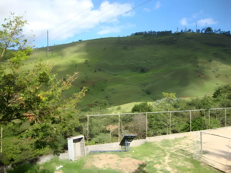 Foto real: encosta verde de morro vista de dentro do terreno da Colônia, com uma cerca ao fundo