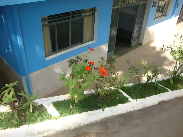 Foto real: lateral do prédio azul da Colônia Bom Samaritano, com canteiro de flores